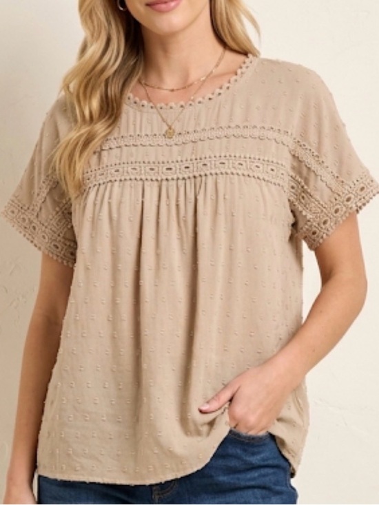 Tops - Romantic Beige Crochet-Trim Blouse – Boho Chic Textured Short Sleeve Top XL